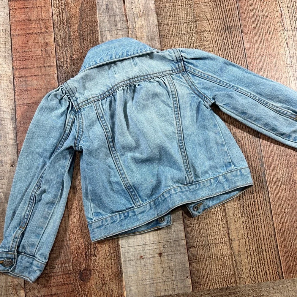 Gap Kids Denim Jacket 3T Embroidered Flower Bee Puff Sleeve Light Wash